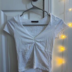 Brandy Melville White Ruched Fitted Short Sleeve Tee